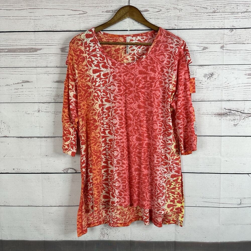Lulu B Top Shirt Womens Large Red‎ Orange Semi Sheer Floral Cutout Sleeve FLAW